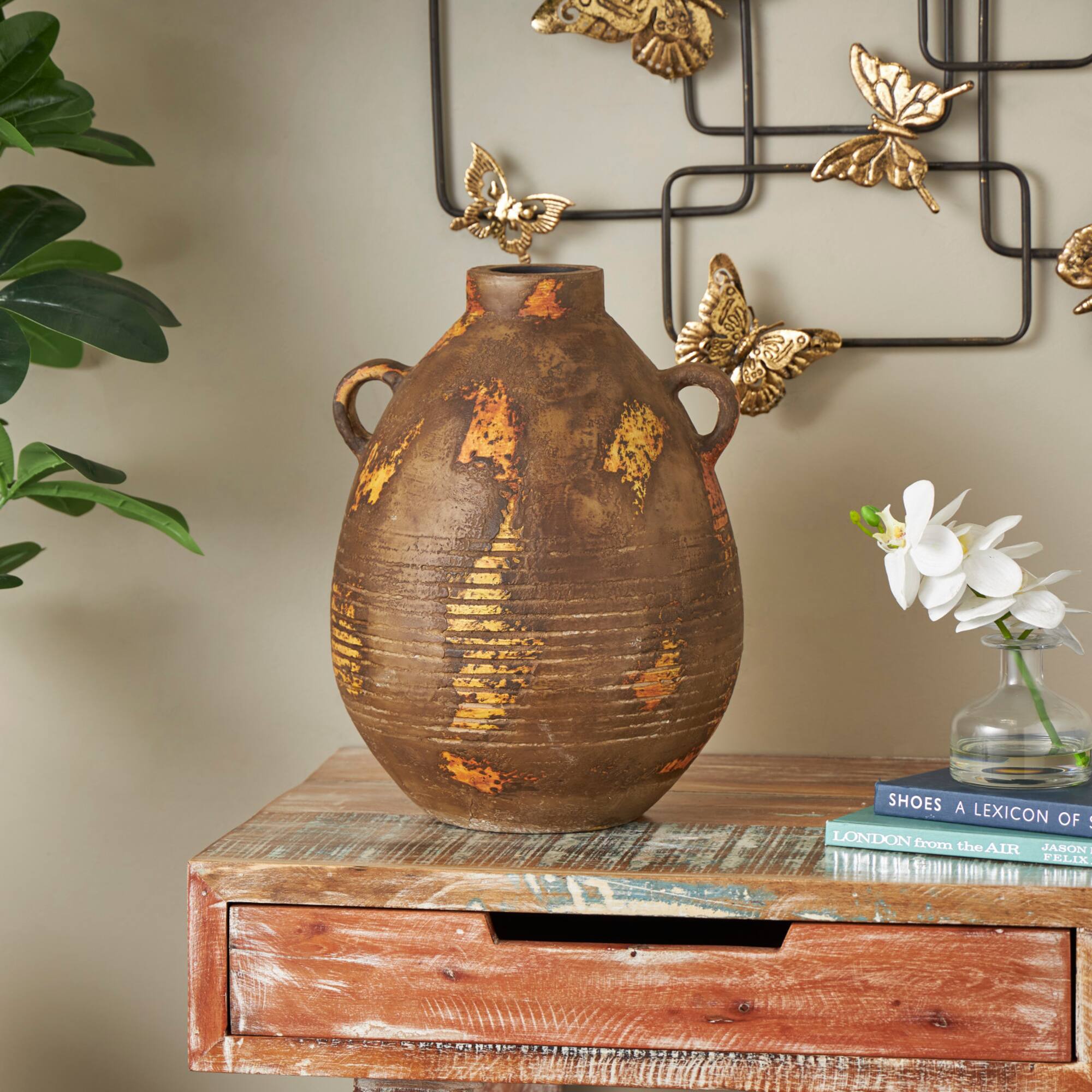 15.25" Brown Ceramic Antique Style Distressed Vase with Grooves & Handles